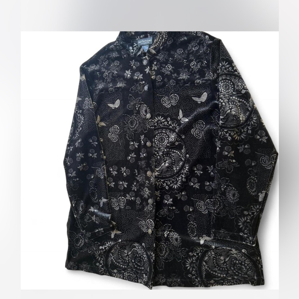 Black Burn Out Velvet Button Down Butterfly Floral Whimsy Goth Shacket Size XL